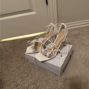 White Lace-Up Butterfly Embellished Women’s Heels